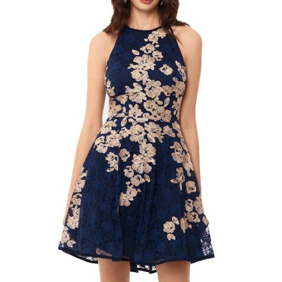 slim fit dress slacks Xscape Petite One-Shoulder Applique Ball Gown - Blue Gold